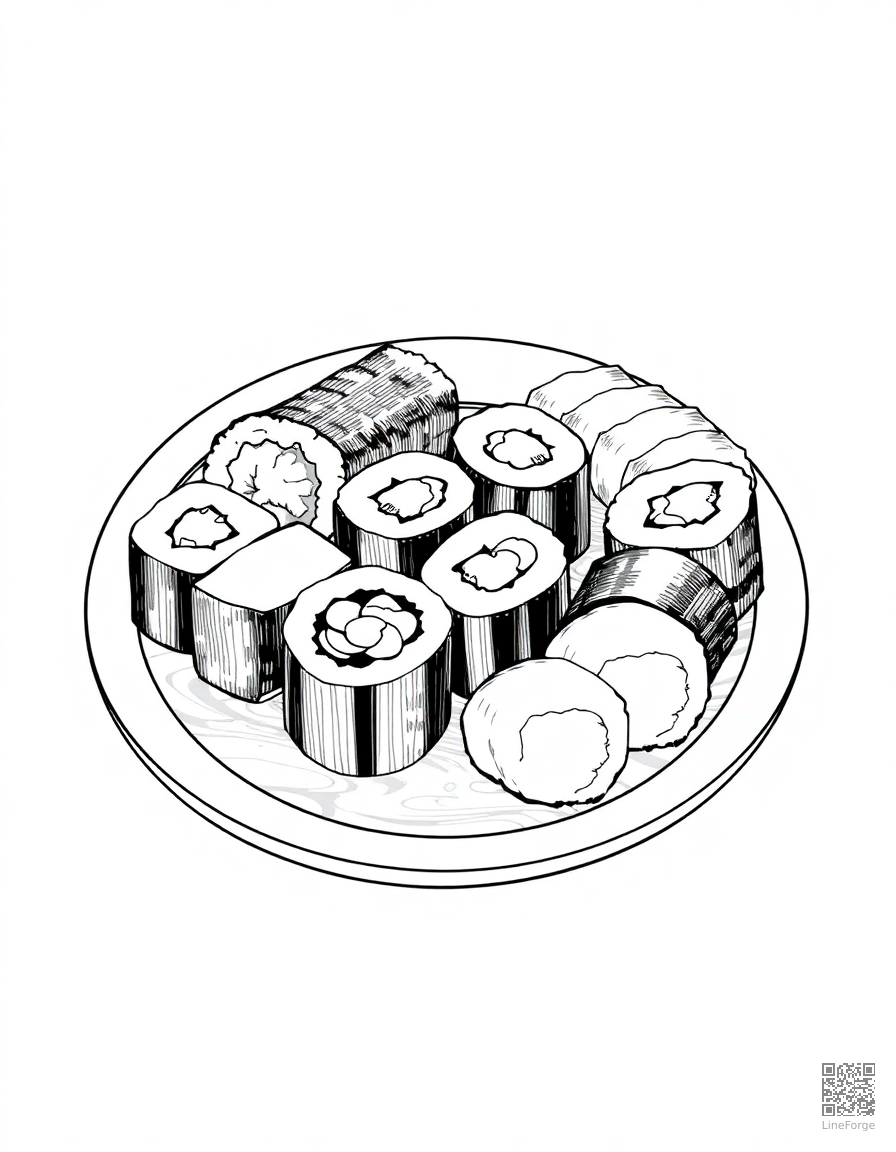 sushi platter with different rolls coloring page Crosshatch style - free printable