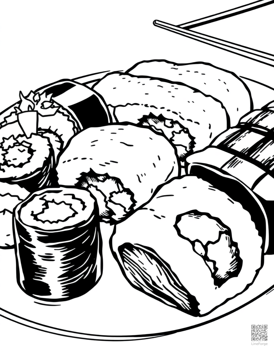 sushi platter with different rolls coloring page Manga style - free printable