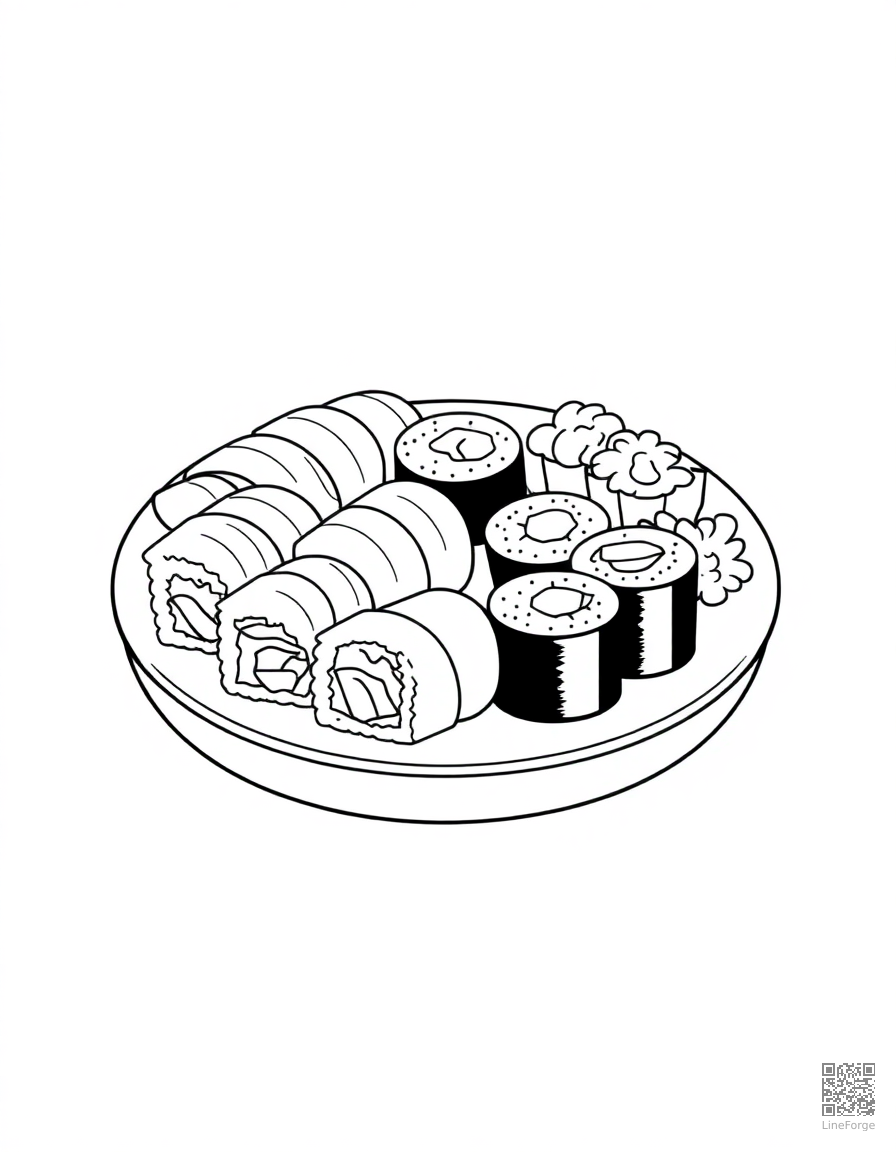 sushi platter with different rolls coloring page Minimal style - free printable
