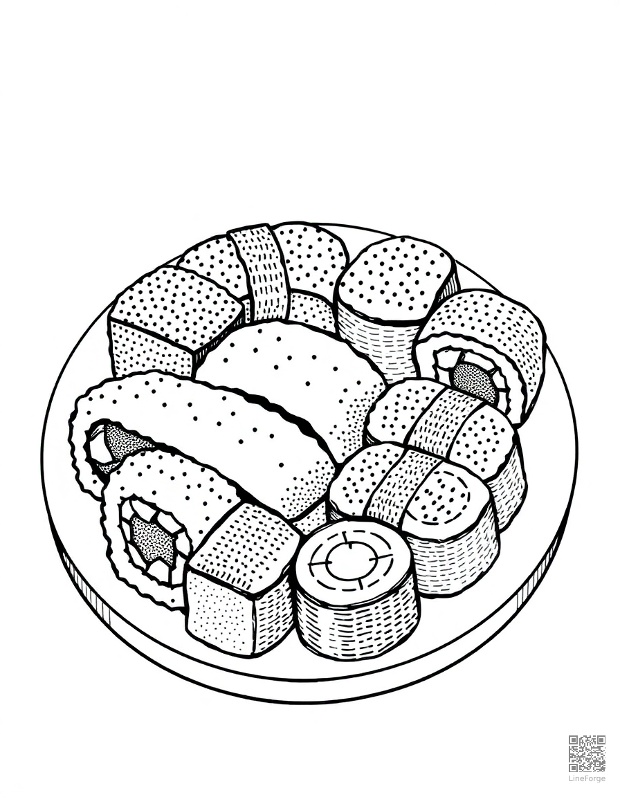 sushi platter with different rolls coloring page Stipple style - free printable