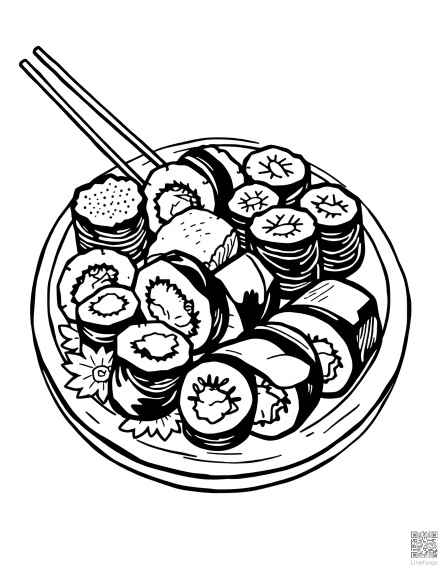 sushi platter with different rolls coloring page Woodcut style - free printable