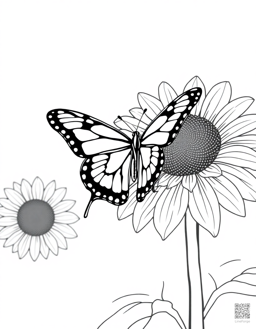 swallowtail butterfly on a sunflower coloring page Contour style - free printable