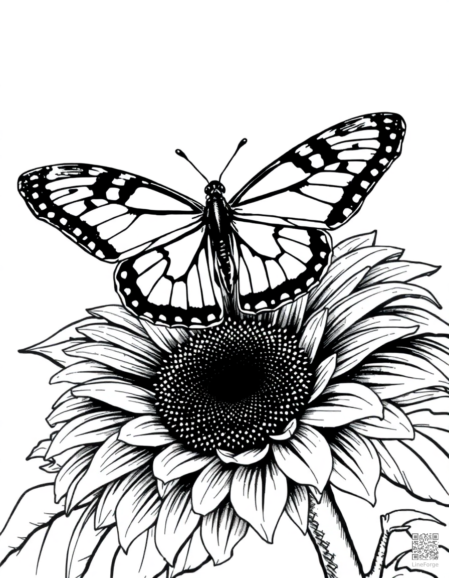 swallowtail butterfly on a sunflower coloring page Crosshatch style - free printable