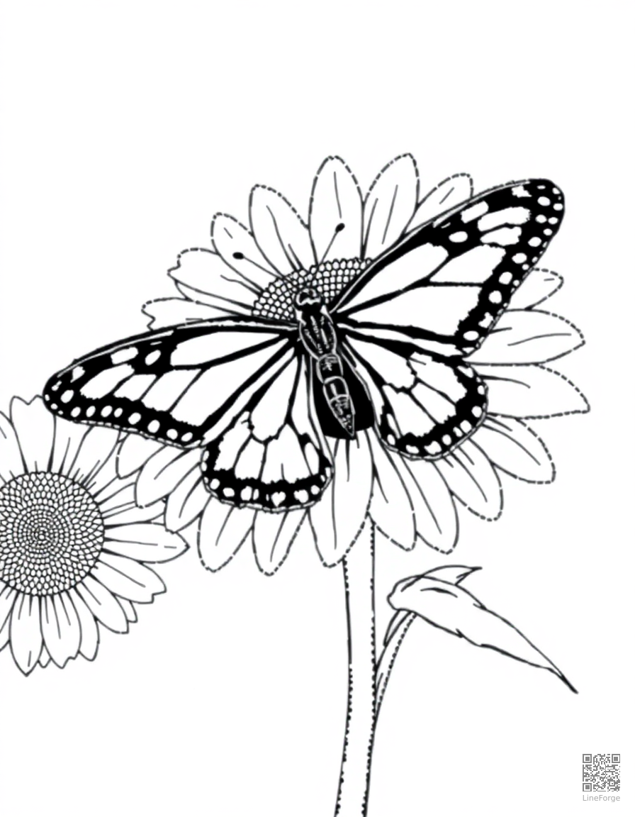 swallowtail butterfly on a sunflower coloring page Stipple style - free printable