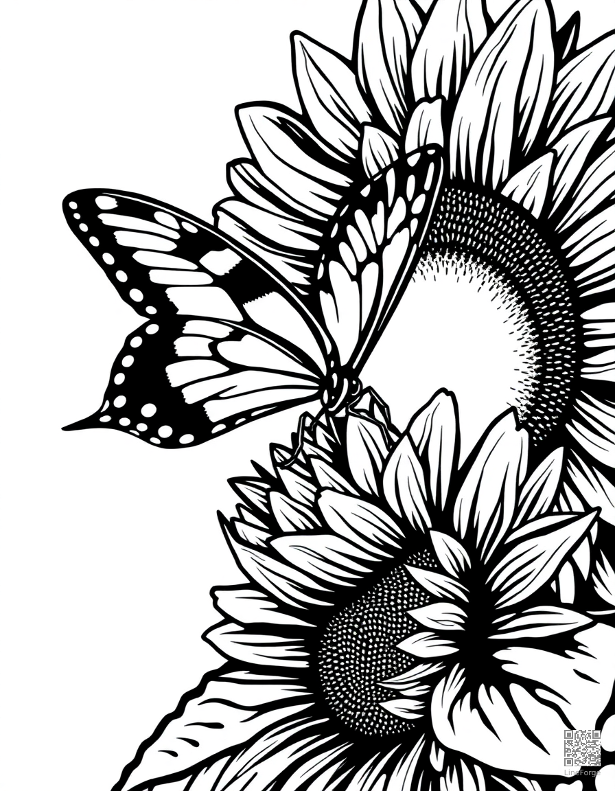 swallowtail butterfly on a sunflower coloring page Woodcut style - free printable