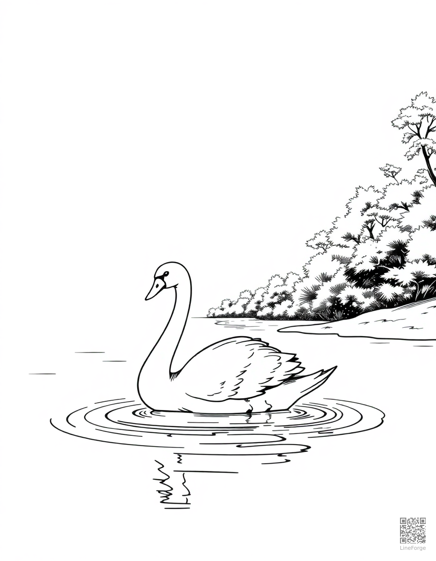 Free swan on a serene lake coloring page in manga style — printable line art