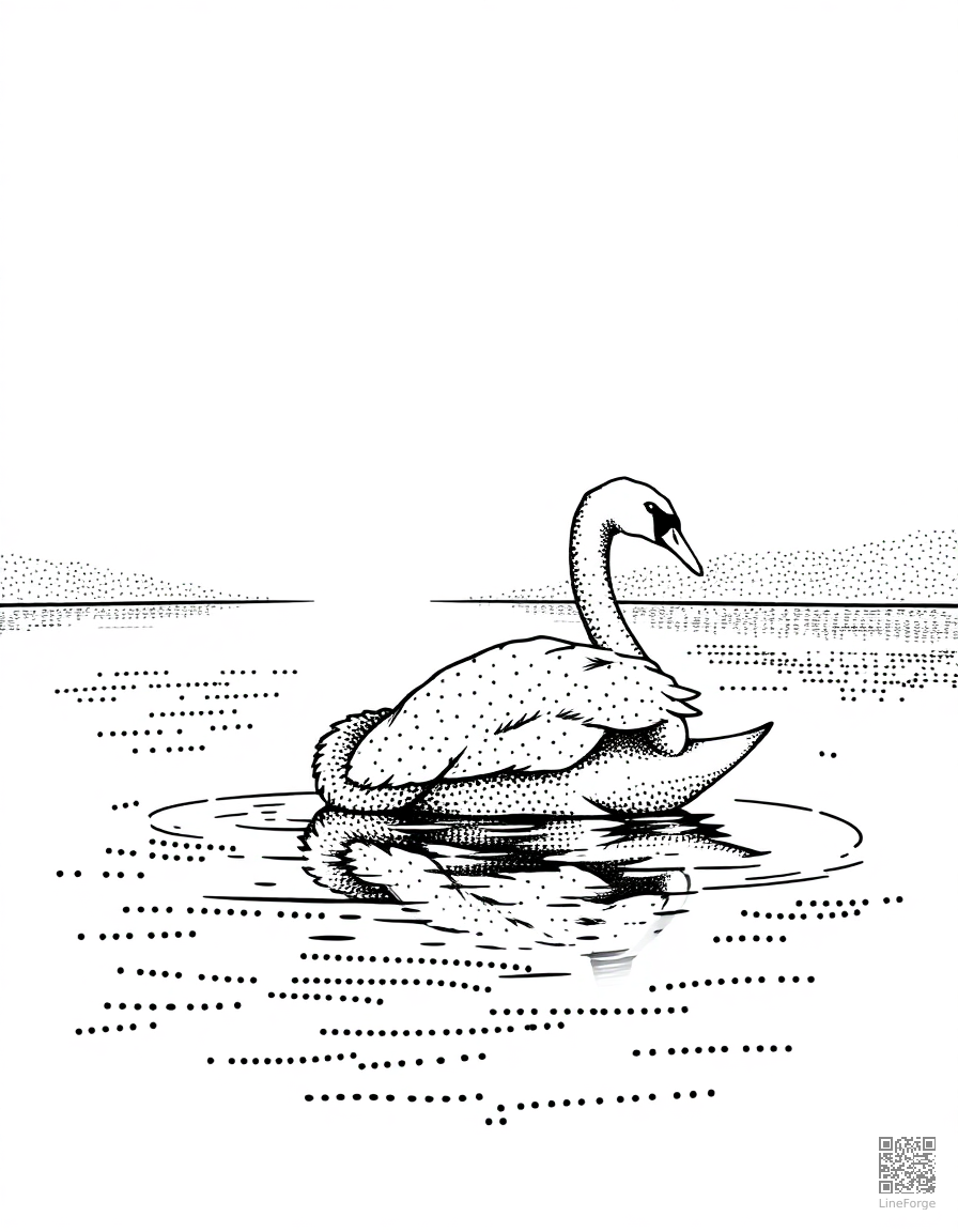 Free swan on a serene lake coloring page in stipple style — printable line art