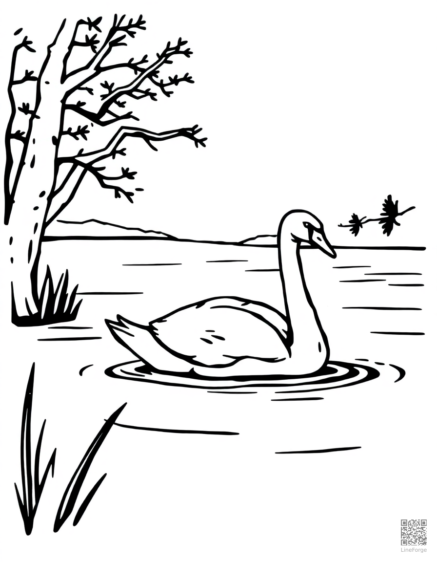 swan on a serene lake coloring page Woodcut style - free printable