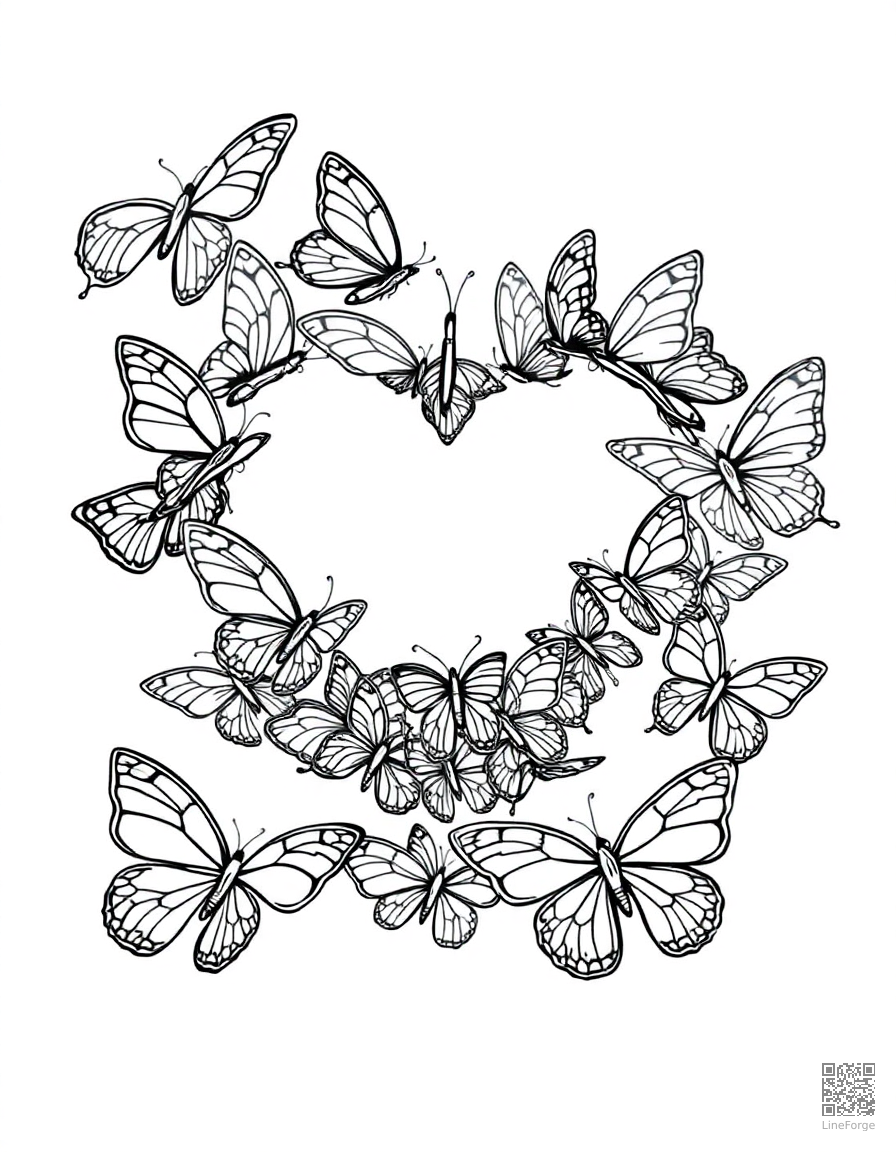 swarm of butterflies forming a heart shape coloring page Contour style - free printable