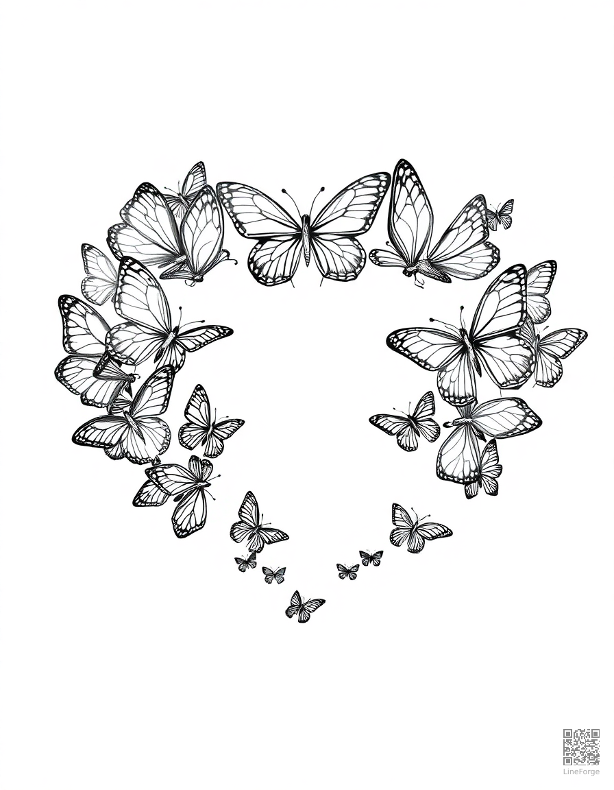 swarm of butterflies forming a heart shape coloring page Crosshatch style - free printable