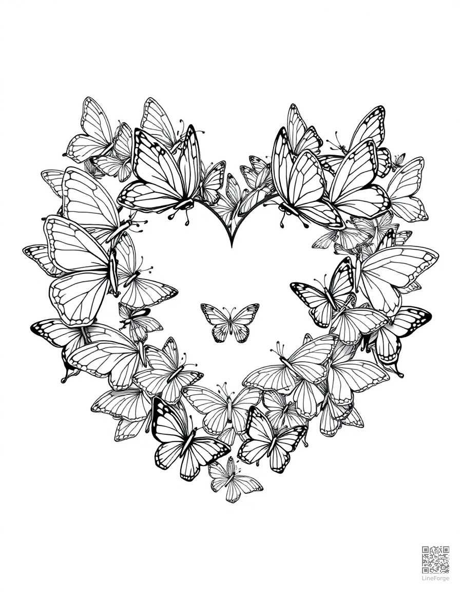 swarm of butterflies forming a heart shape coloring page Manga style - free printable