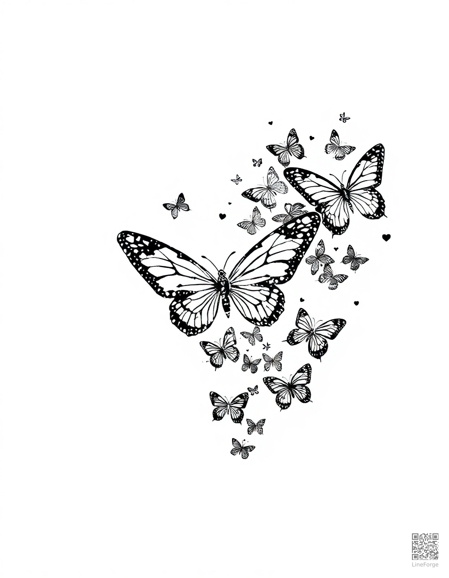 swarm of butterflies forming a heart shape coloring page Stipple style - free printable