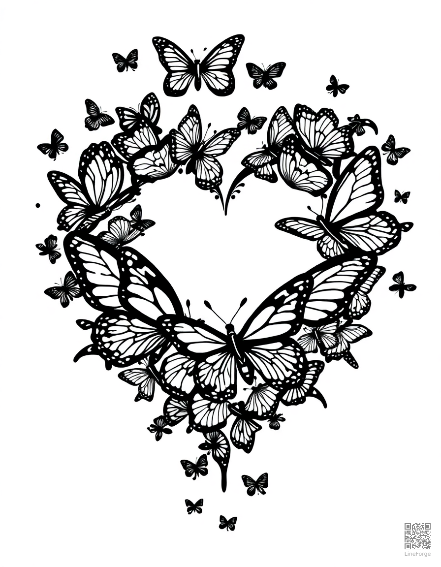 swarm of butterflies forming a heart shape coloring page Woodcut style - free printable