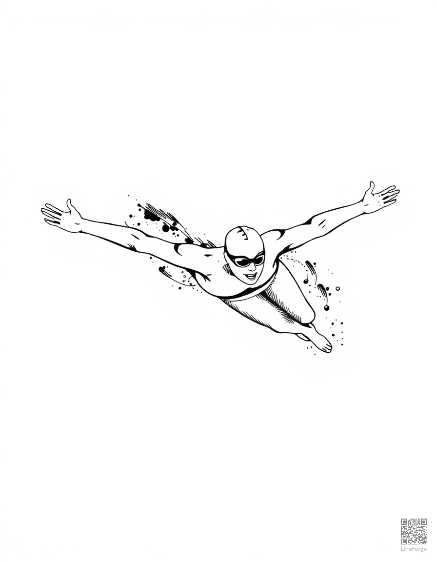 swimmer doing butterfly stroke coloring page Crosshatch style - free printable