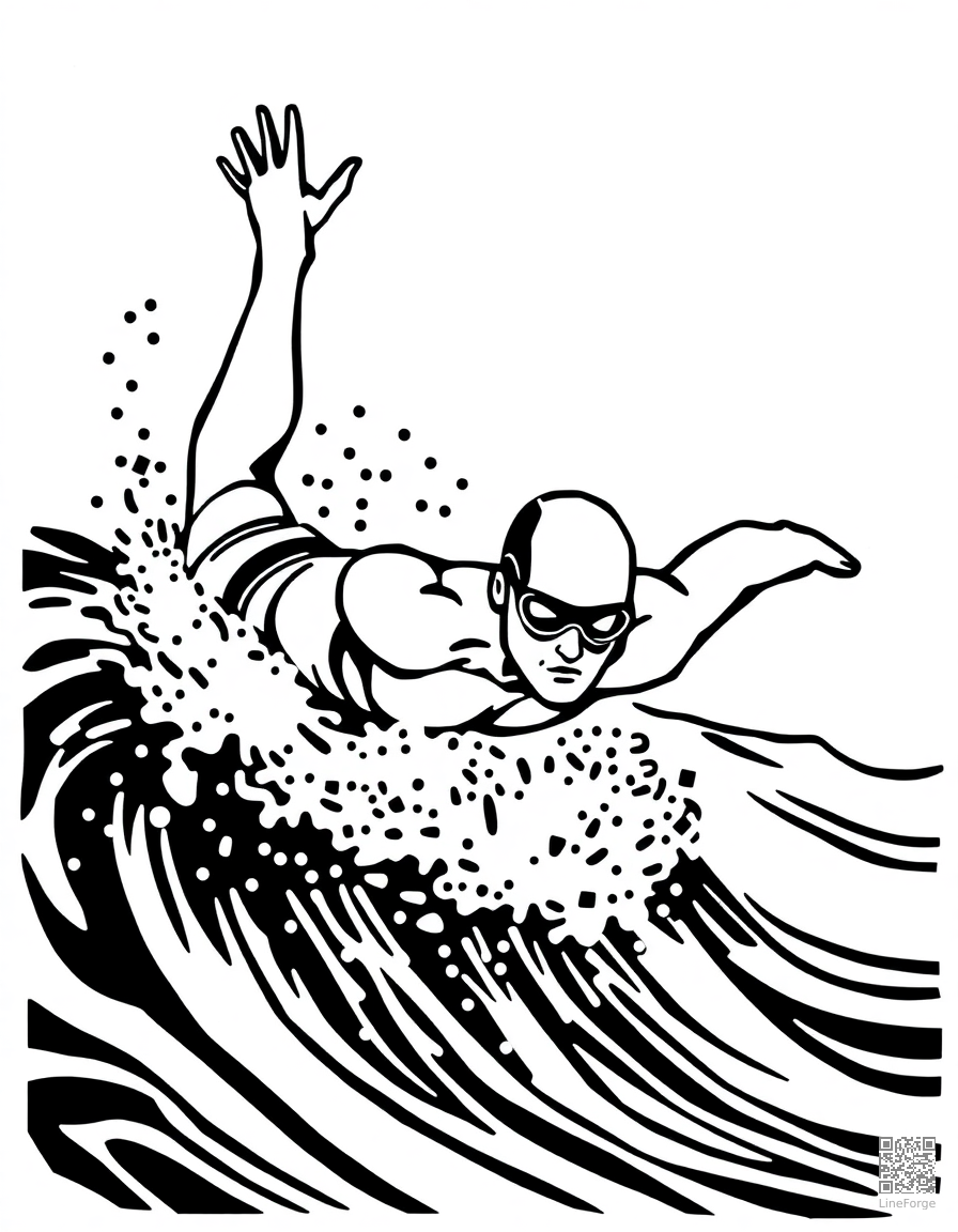 swimmer doing butterfly stroke coloring page Woodcut style - free printable