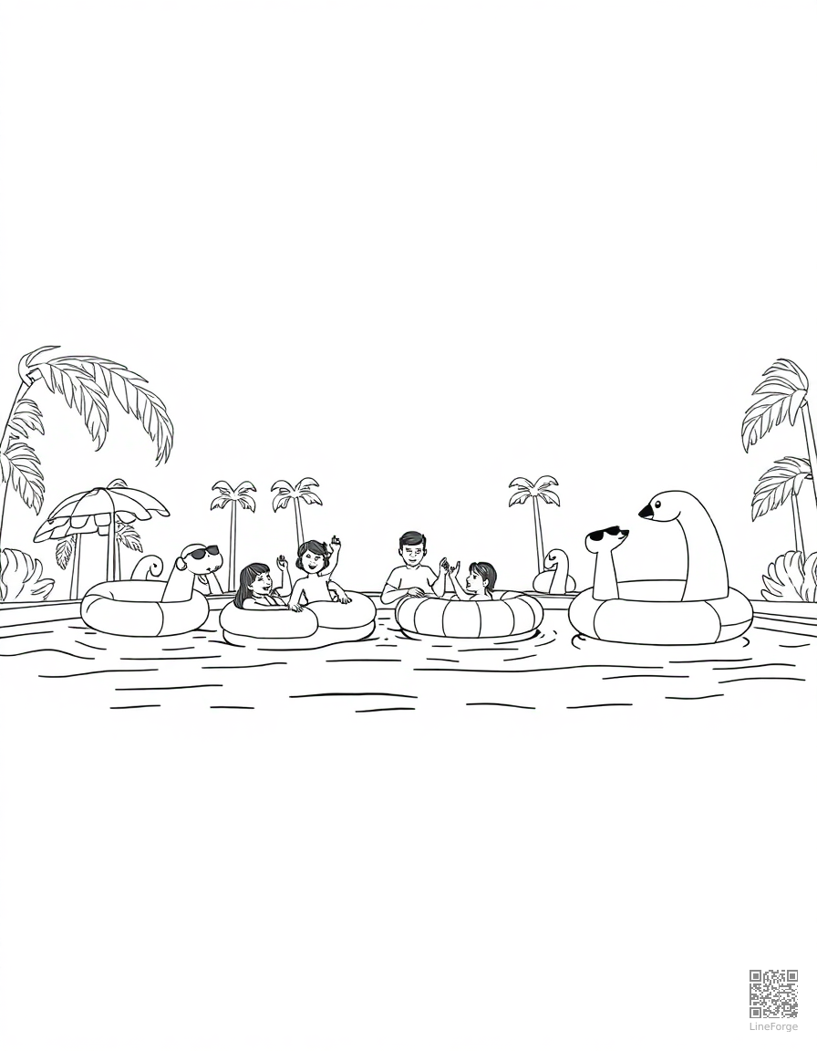 Swimming pool party with inflatables coloring page Contour style - free printable