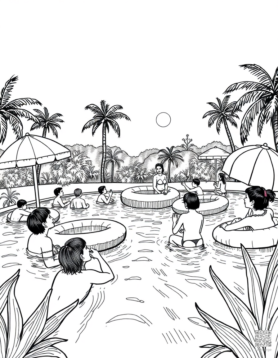 Swimming pool party with inflatables coloring page Crosshatch style - free printable