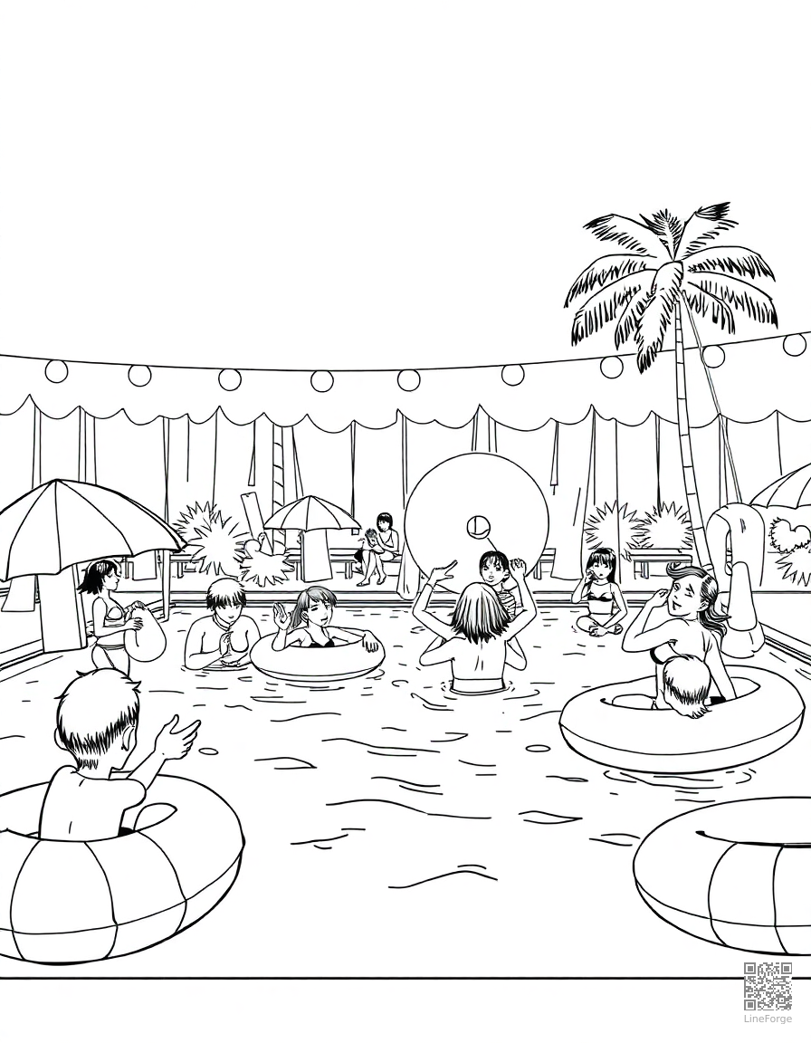Swimming pool party with inflatables coloring page Manga style - free printable