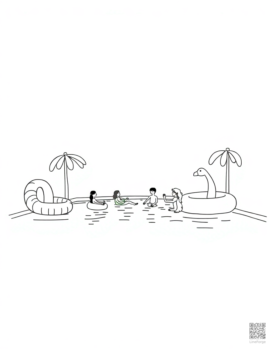 Swimming pool party with inflatables coloring page Minimal style - free printable