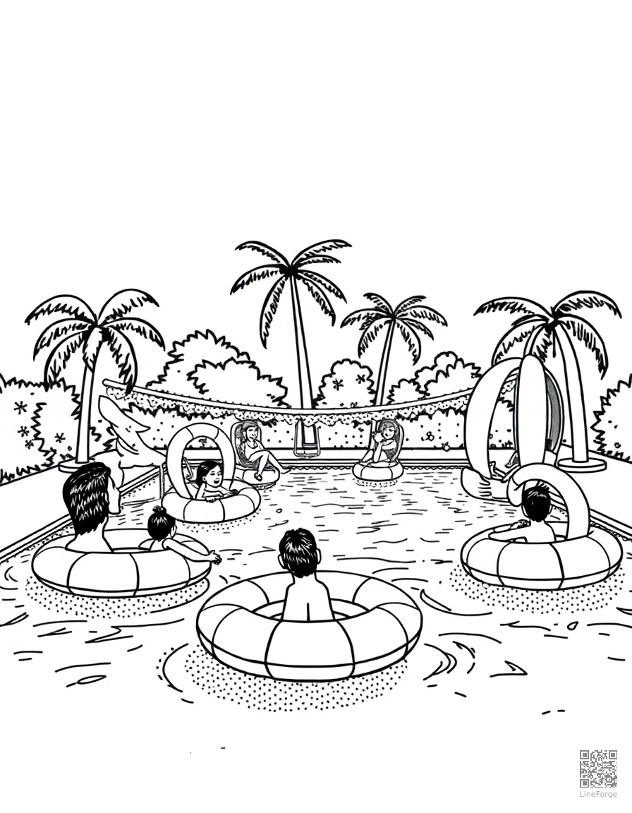 Swimming pool party with inflatables coloring page Stipple style - free printable