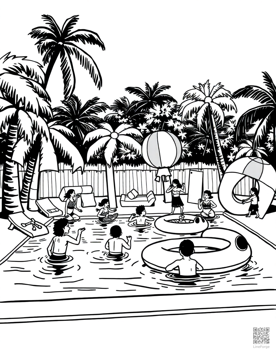 Swimming pool party with inflatables coloring page Woodcut style - free printable