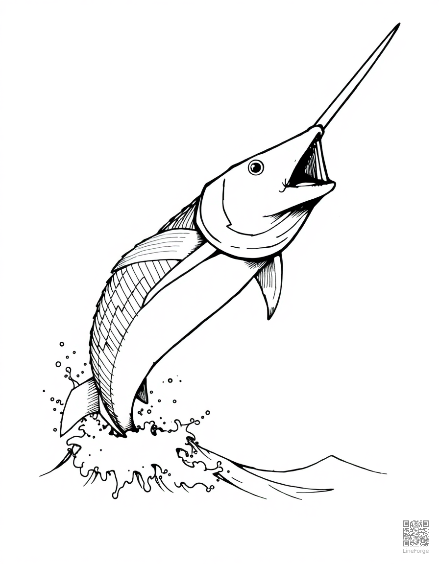 swordfish leaping from the waves coloring page Crosshatch style - free printable