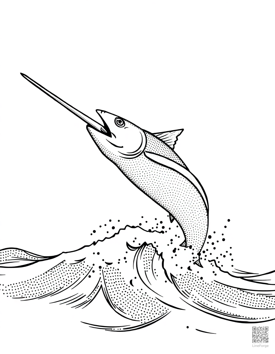 swordfish leaping from the waves coloring page Stipple style - free printable