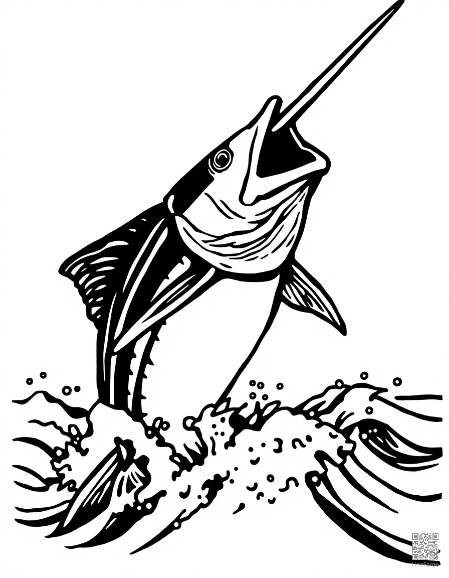 swordfish leaping from the waves coloring page Woodcut style - free printable