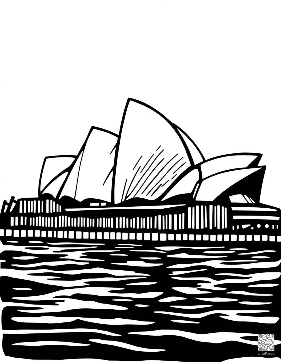 sydney opera house by the harbor coloring page Woodcut style - free printable