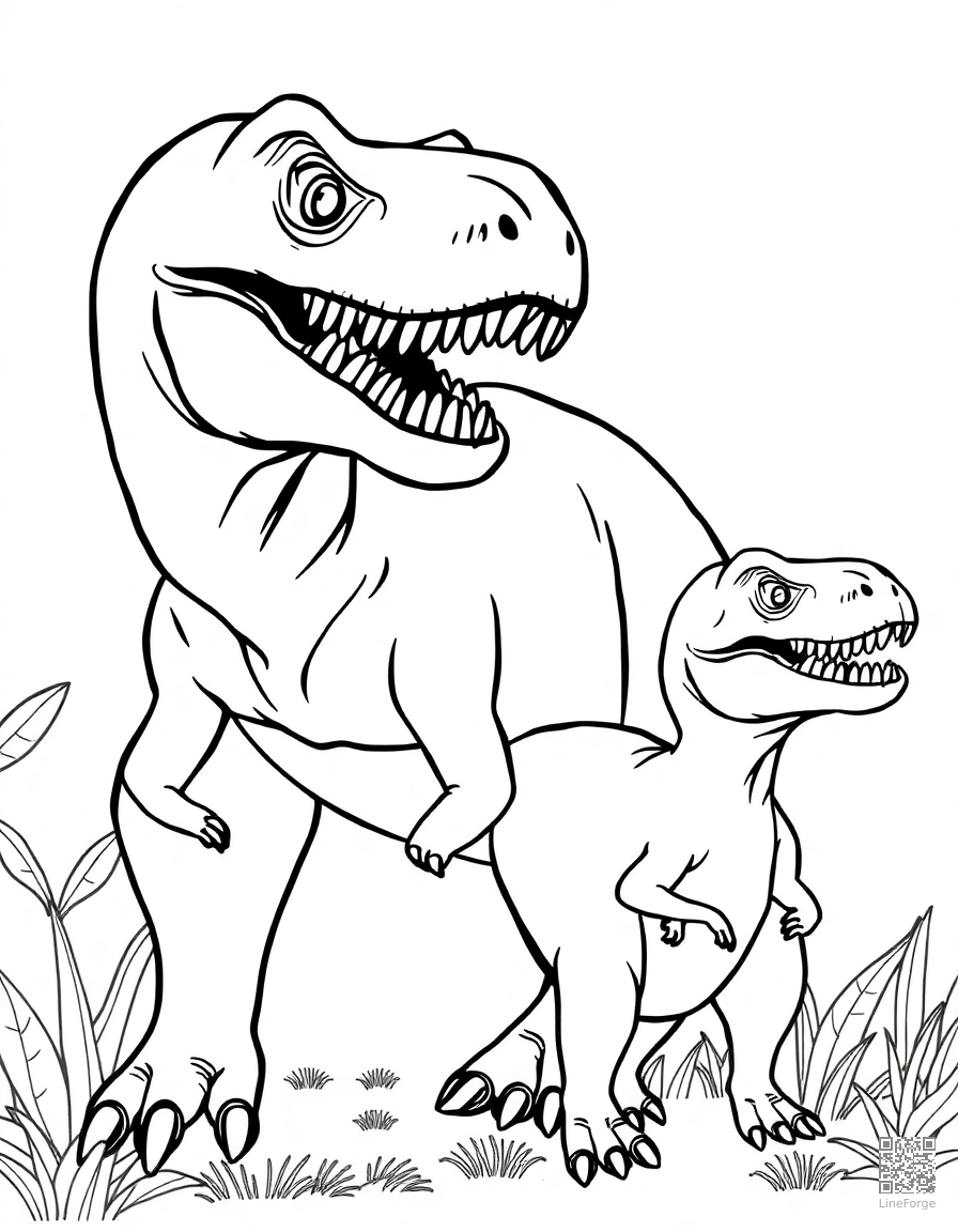 t-rex family with parent and baby coloring page Contour style - free printable