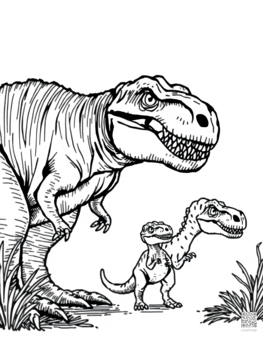 t-rex family with parent and baby coloring page Crosshatch style - free printable