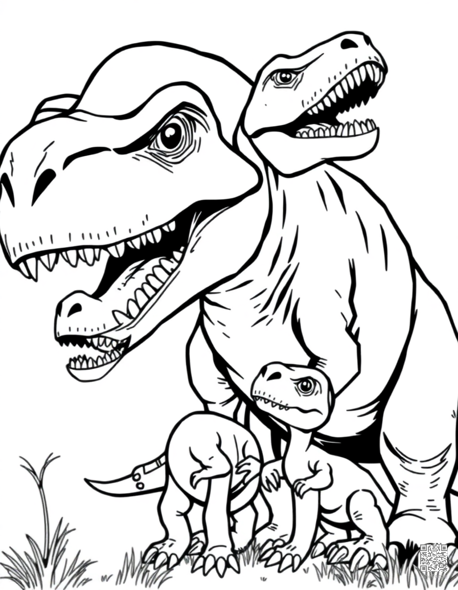 t-rex family with parent and baby coloring page Manga style - free printable