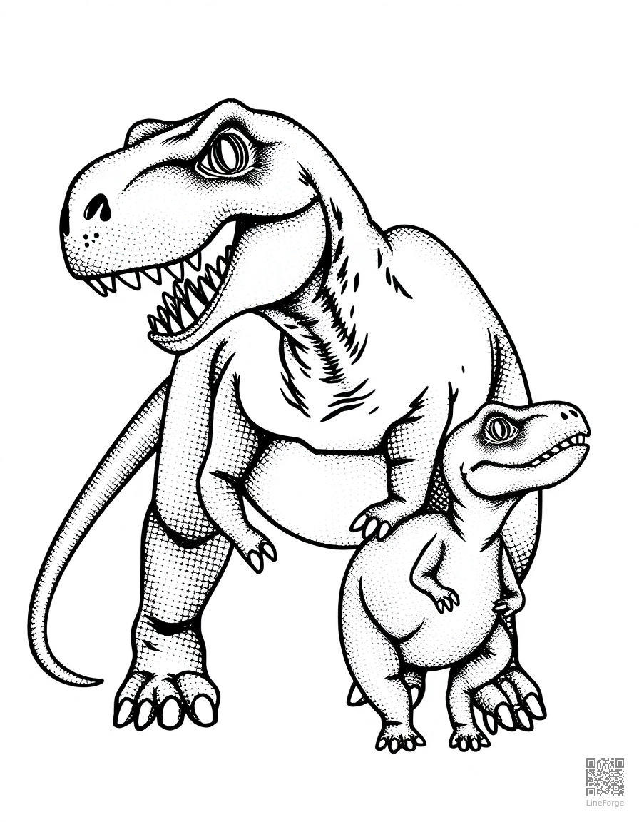 t-rex family with parent and baby coloring page Stipple style - free printable