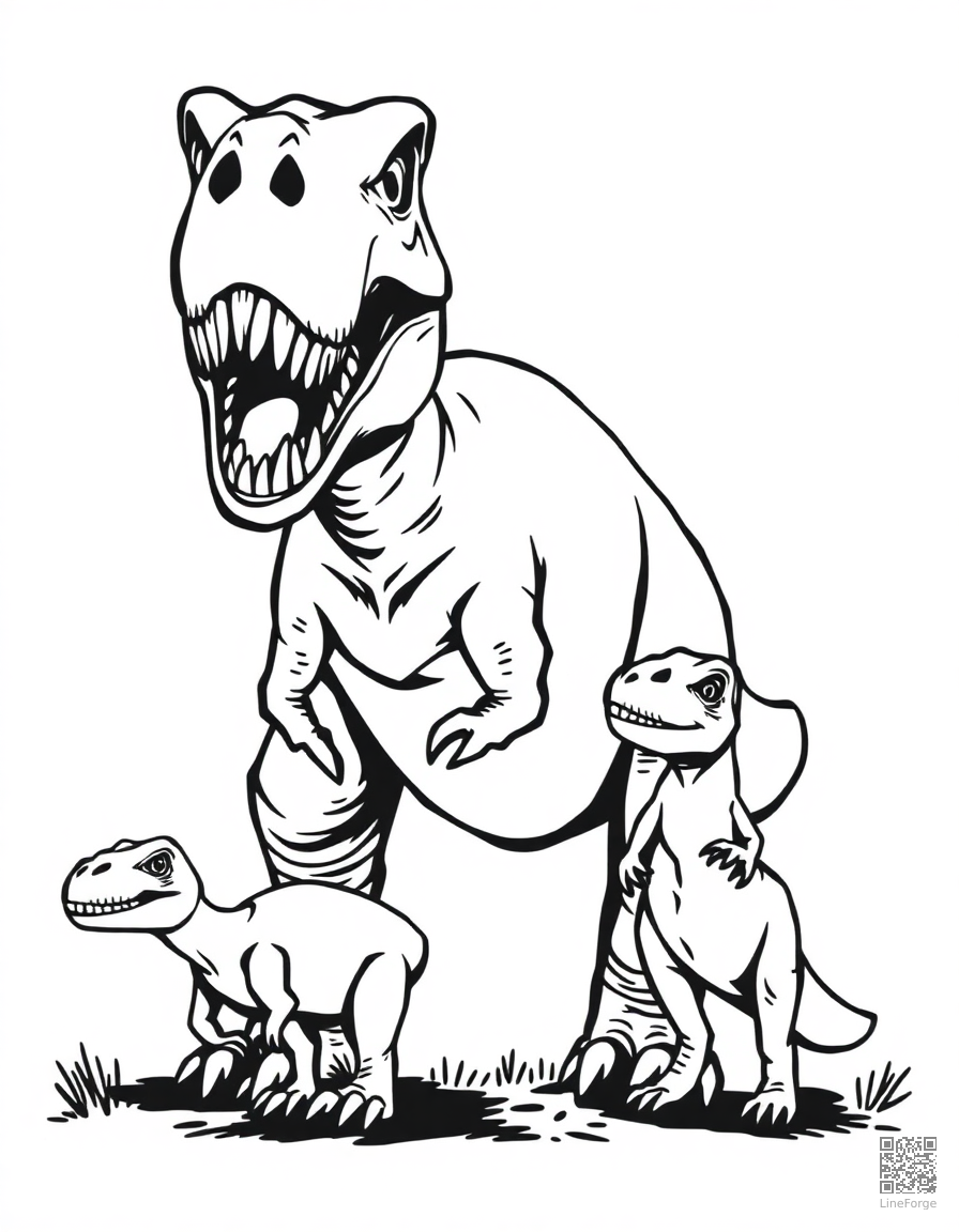 t-rex family with parent and baby coloring page Woodcut style - free printable