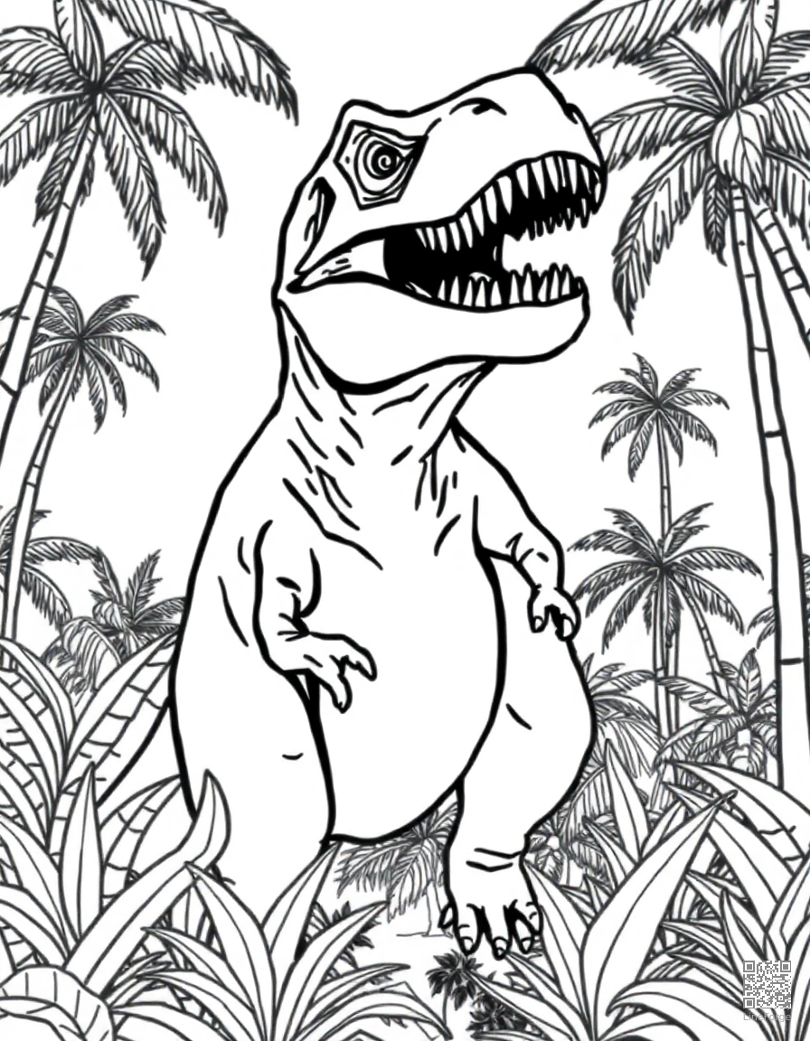 t-rex roaring in a prehistoric jungle with palm trees coloring page Contour style - free printable