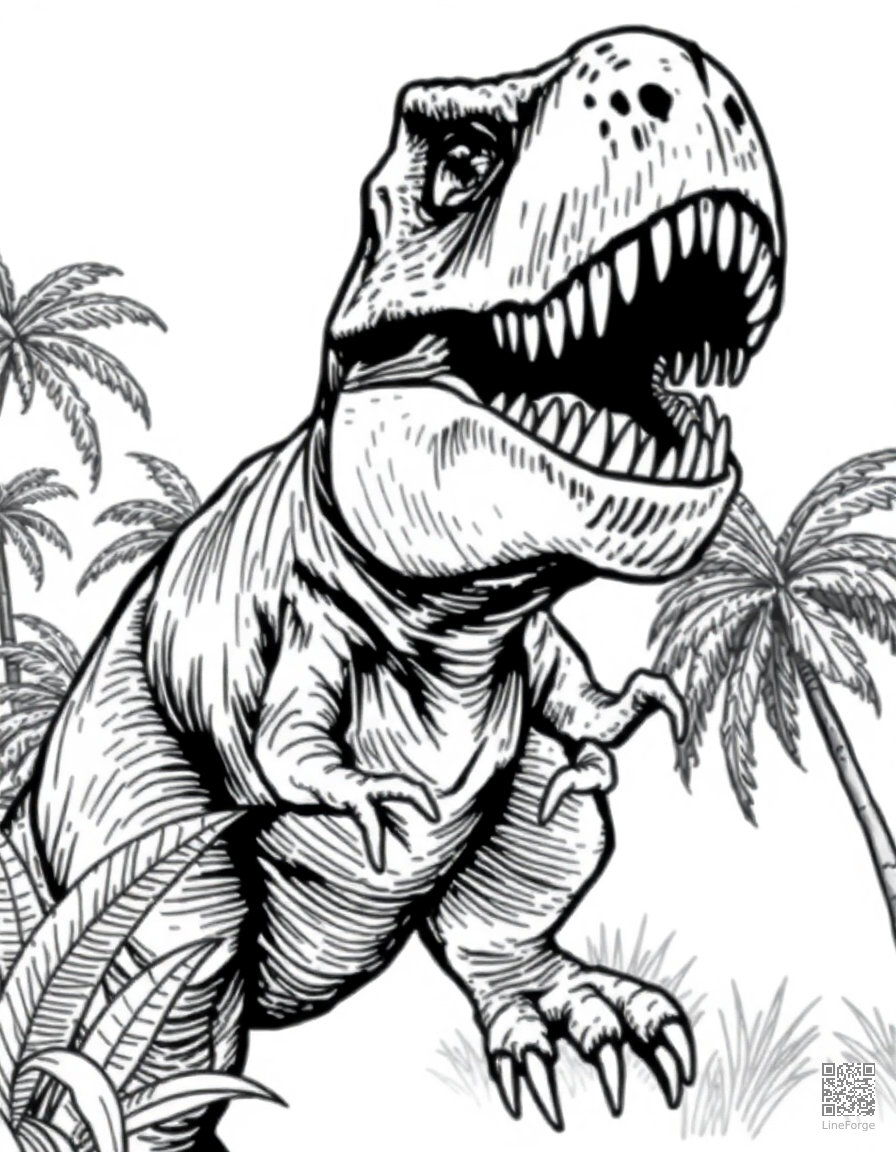 t-rex roaring in a prehistoric jungle with palm trees coloring page Crosshatch style - free printable