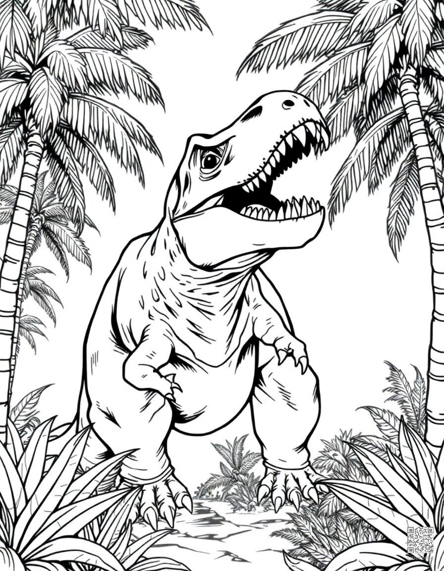 t-rex roaring in a prehistoric jungle with palm trees coloring page Manga style - free printable