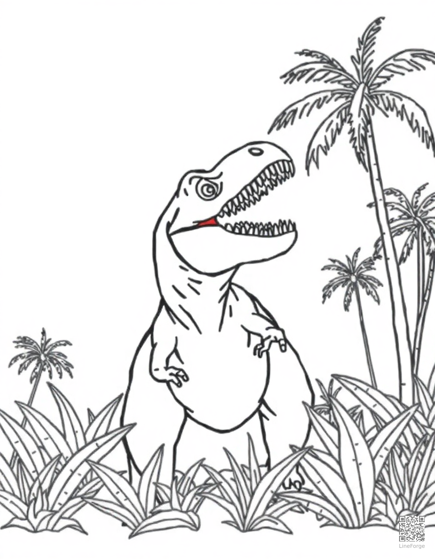 t-rex roaring in a prehistoric jungle with palm trees coloring page Minimal style - free printable