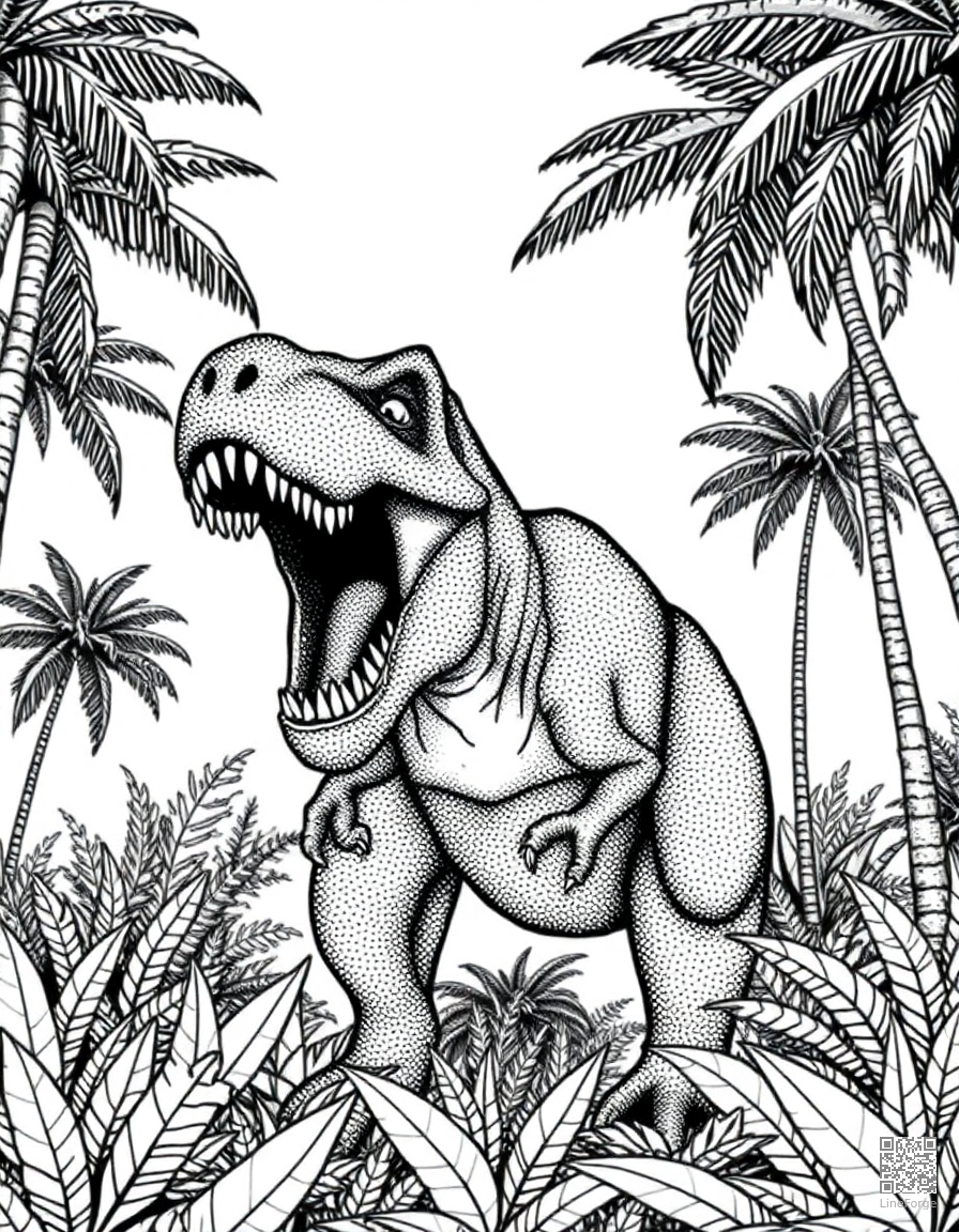 t-rex roaring in a prehistoric jungle with palm trees coloring page Stipple style - free printable