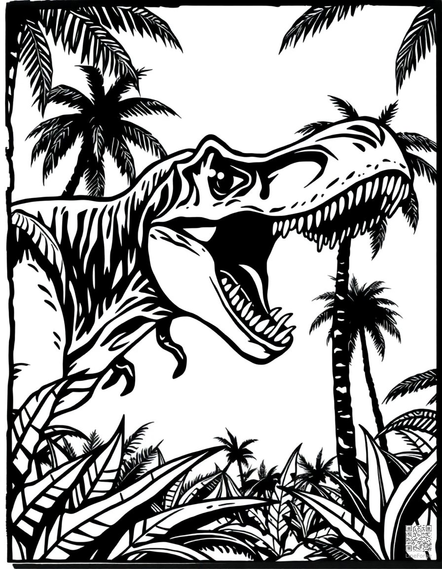 t-rex roaring in a prehistoric jungle with palm trees coloring page Woodcut style - free printable