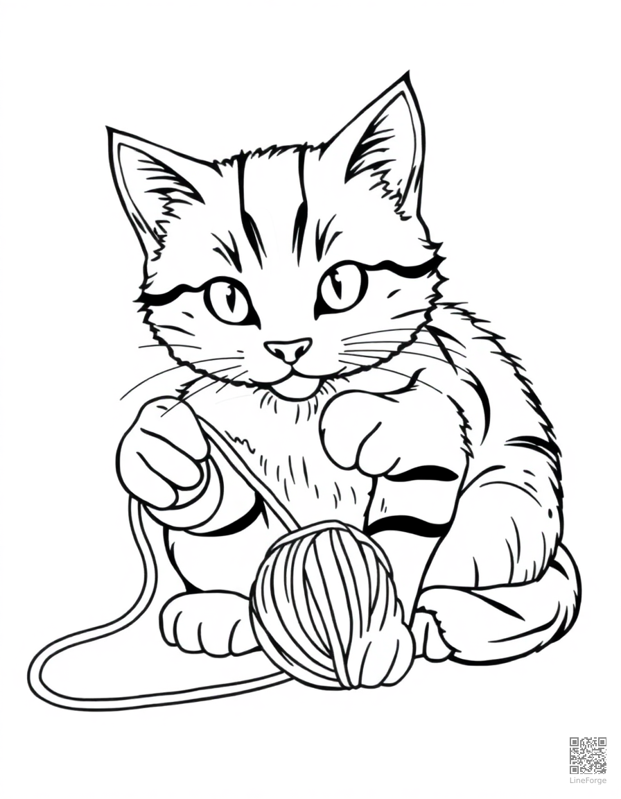 Tabby cat playing with yarn coloring page Contour style - free printable