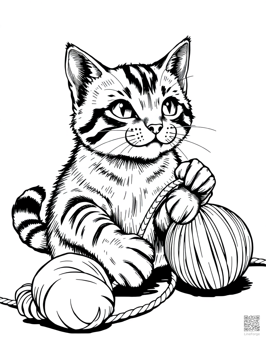 Tabby cat playing with yarn coloring page Crosshatch style - free printable