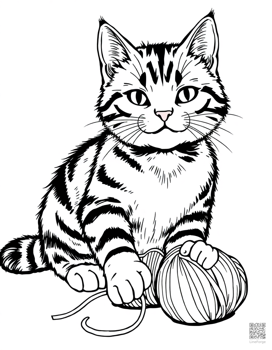 Tabby cat playing with yarn coloring page Manga style - free printable