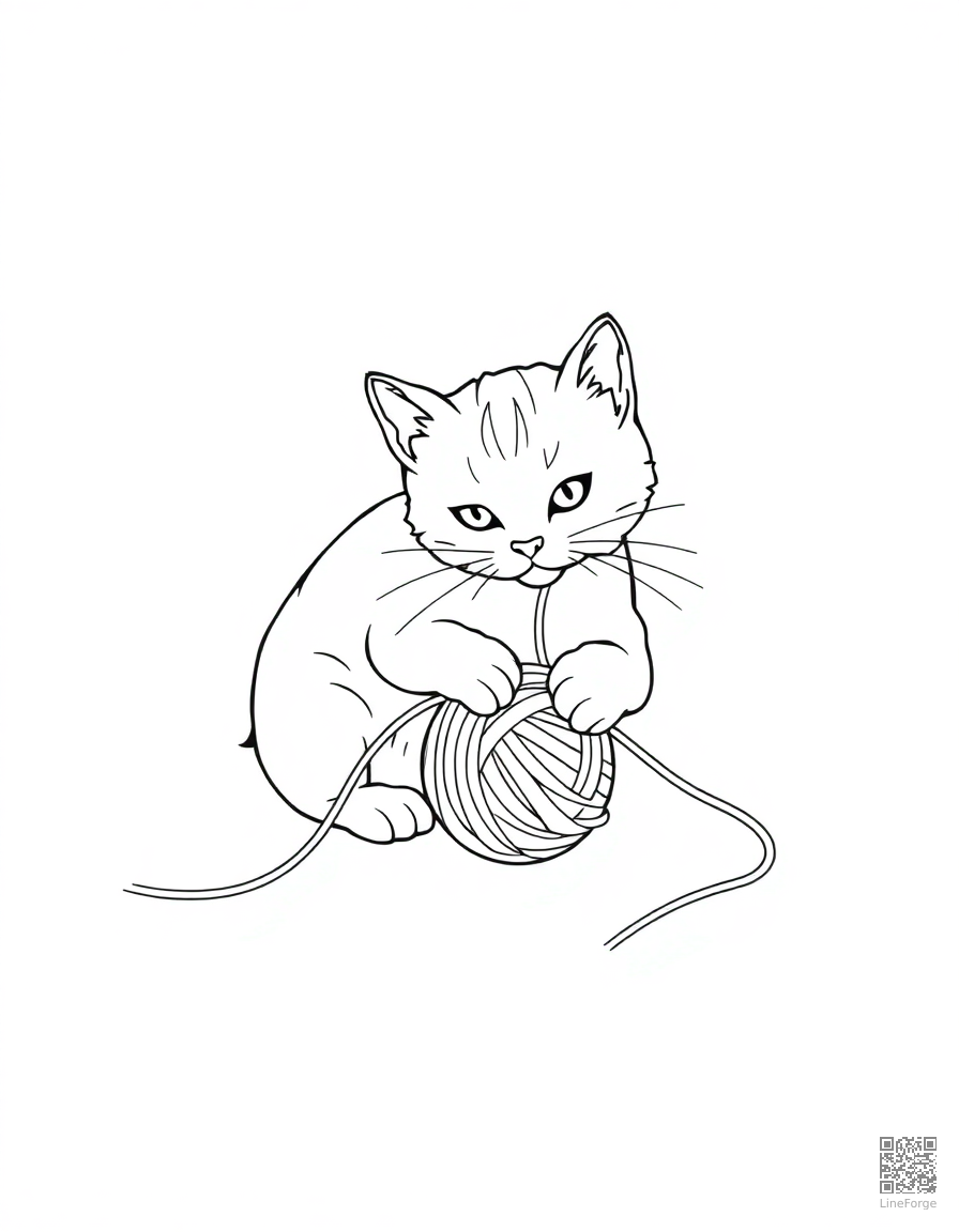 Tabby cat playing with yarn coloring page Minimal style - free printable