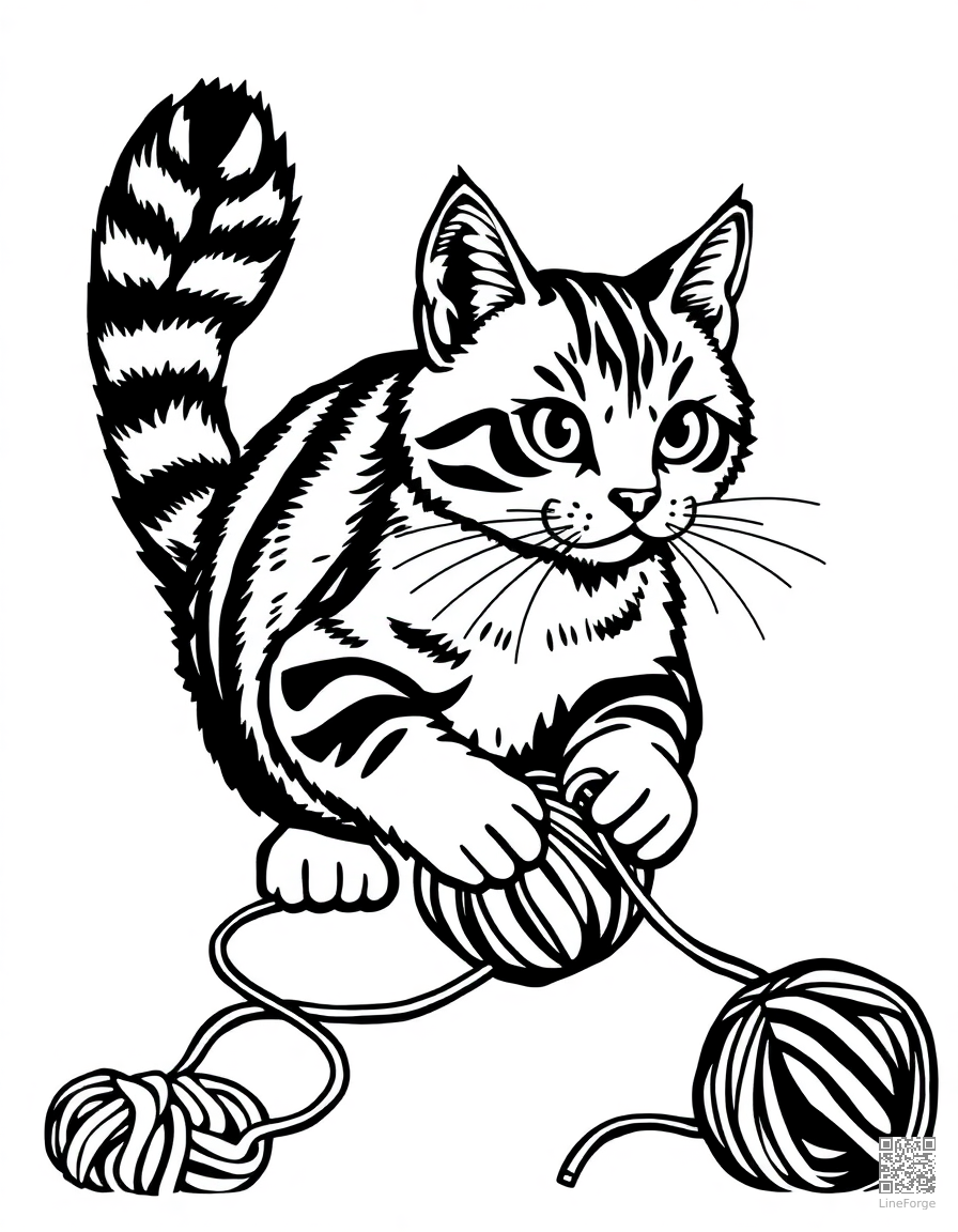 Tabby cat playing with yarn coloring page Woodcut style - free printable
