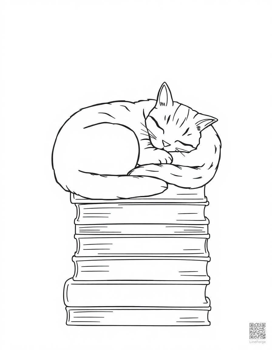 tabby cat sleeping curled up on a stack of books coloring page Contour style free printable