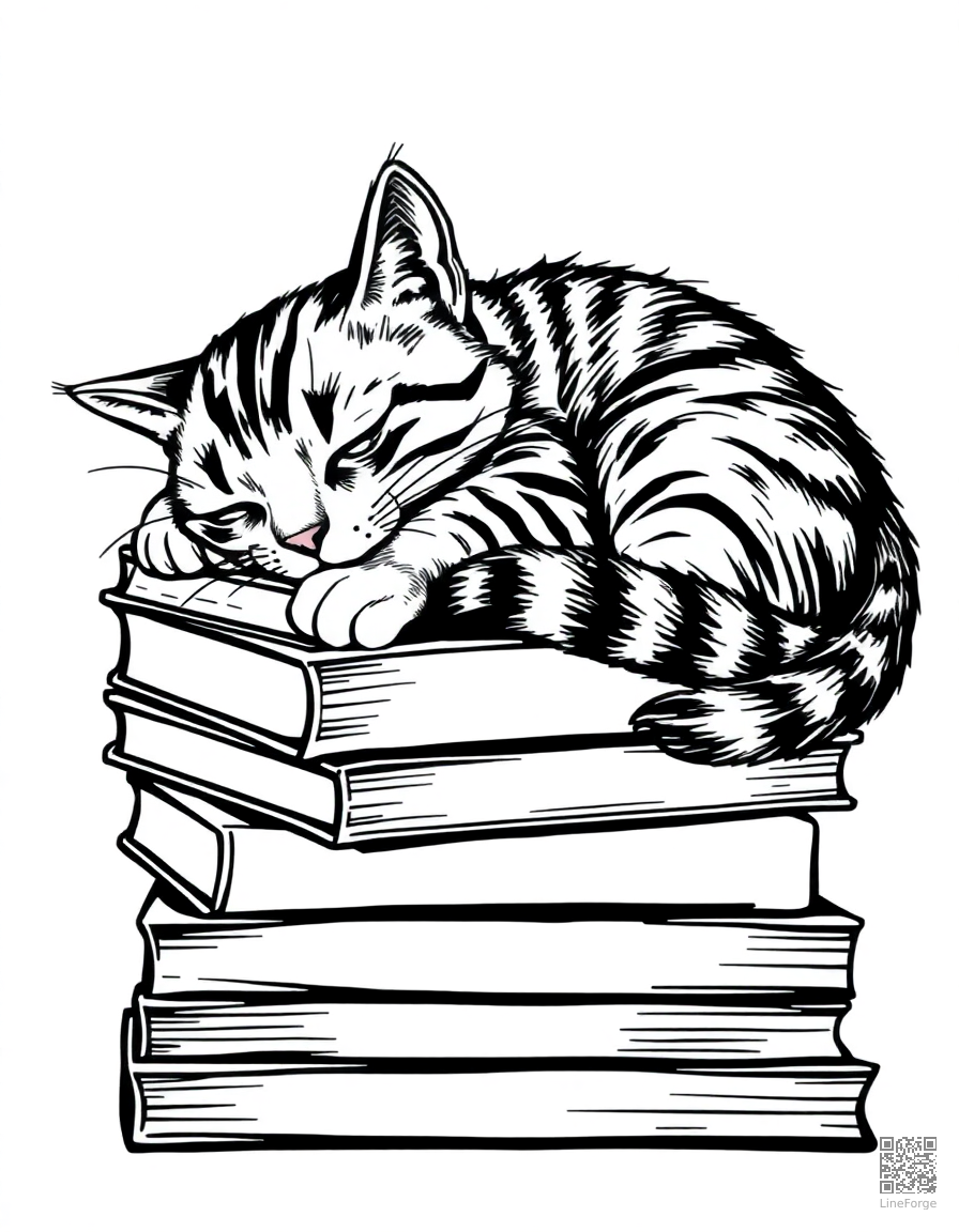 tabby cat sleeping curled up on a stack of books coloring page Crosshatch style free printable