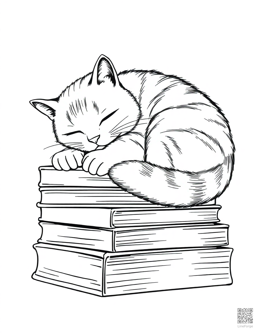 tabby cat sleeping curled up on a stack of books coloring page Manga style free printable