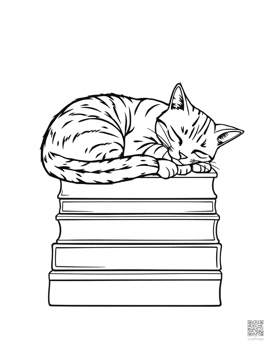 tabby cat sleeping curled up on a stack of books coloring page Minimal style free printable