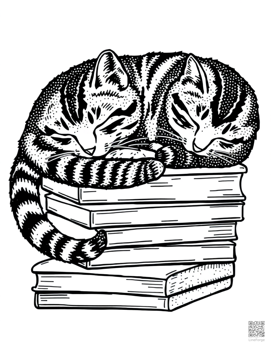 tabby cat sleeping curled up on a stack of books coloring page Stipple style free printable